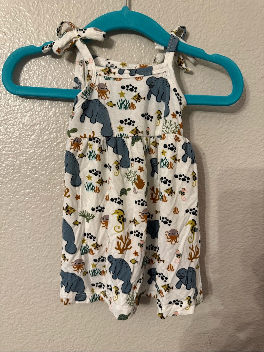 Girls' White Ocean Animal Tie-Shoulder Romper - Blue Sea Life Print